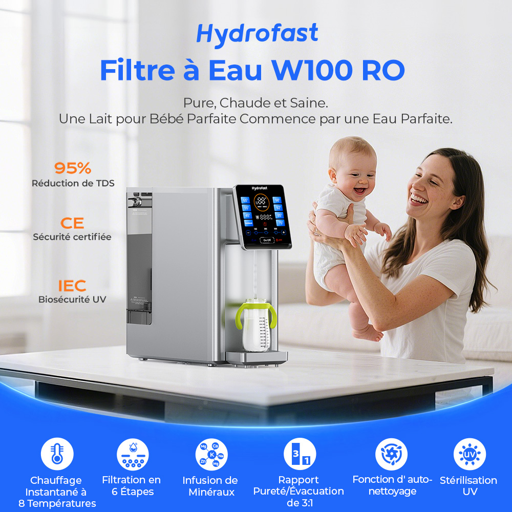 Hydrofast W100 Purificateur d'eau de comptoir avec eau chaude et eau ambiante, 8 températures, eau chaude en 3 secondes, filtration par osmose inverse à 6 niveaux, volume d'eau à 15 niveaux, pour cuisine, bureau, chambre