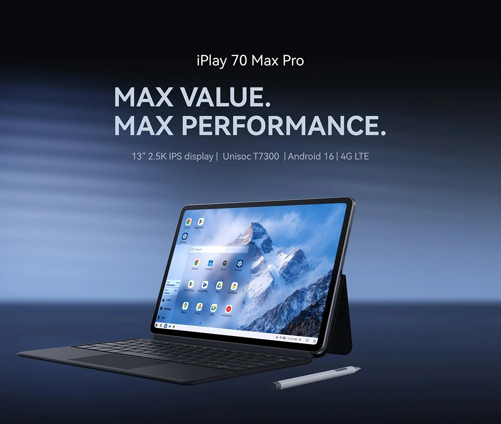 ALLDOCUBE iPlay 70 Max Pro Tablet Set, 13" 2.5K IPS Display, Android 16, Unisoc T7300 Octa-Core, 8GB RAM + 128GB ROM, 10000mAh Battery, 4G LTE, WiFi 6, Bluetooth 5.4, Quad Speakers