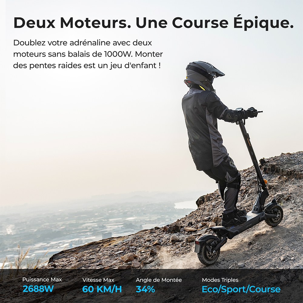Ausom L2 Max Trottinette électrique, moteur 2 x 1 000 W, batterie 48 V 20,8 Ah, pneus 3 x 10 pouces, vitesse maximale 60 km/h, autonomie 90 km, freins à disque avant et arrière, suspension à bras oscillant, support AirTag dissimulé
