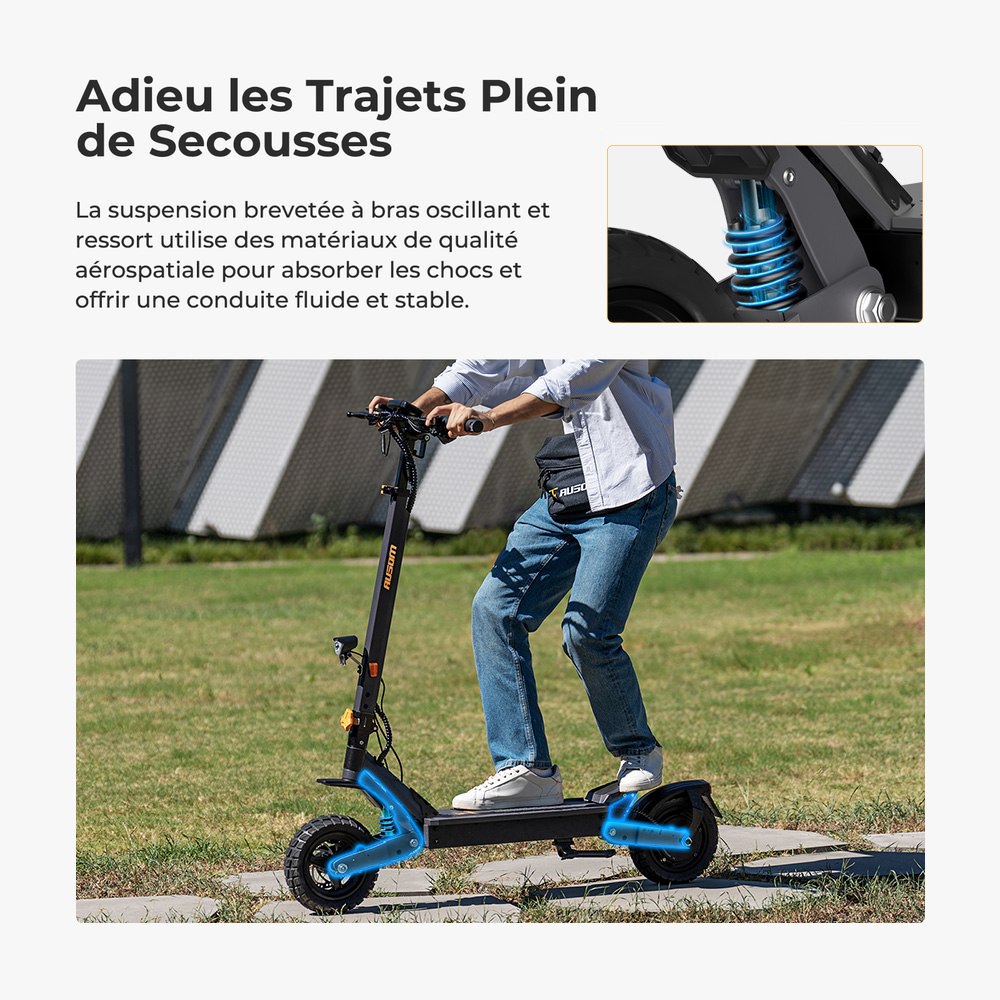 Ausom L1 (version ABE) Trottinette &eacute;lectrique, moteur 500 W, batterie 48 V 20,8 Ah, pneus 10 pouces, vitesse maximale 20 km/h, autonomie 90 km, freins &agrave; disque avant et arri&egrave;re, suspension &agrave; bras oscillant, d&eacute;verrouillage NFC et par code.