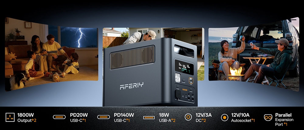 AFERIY Nomad1800 Pro P180 Portable Power Station, 1800W Pure Sine Wave Output, 1024Wh LiFePO4 Battery, Expandable to 5120Wh, 1000W AC Fast Charging, 500W XT60 Solar Input, &le;10ms UPS, 140W PD Fast Charging, 9 Outputs