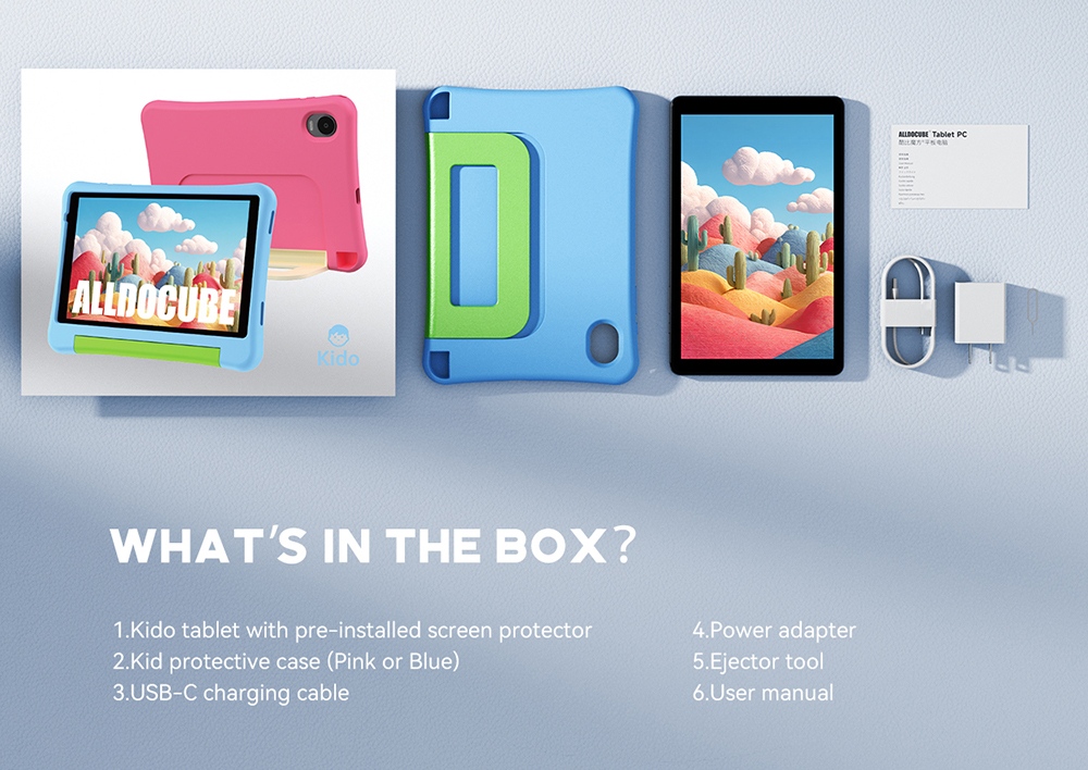 Tablette pour enfants ALLDOCUBE Kido, Android 15 Go, &eacute;cran HD IPS 8 pouces, 3 Go de RAM + 32 Go de ROM, application iWawa Kids, contr&ocirc;le parental, batterie 5000 mAh, double cam&eacute;ra, microSD jusqu'&agrave; 512 Go, Wi-Fi 5, Bluetooth 5.0
