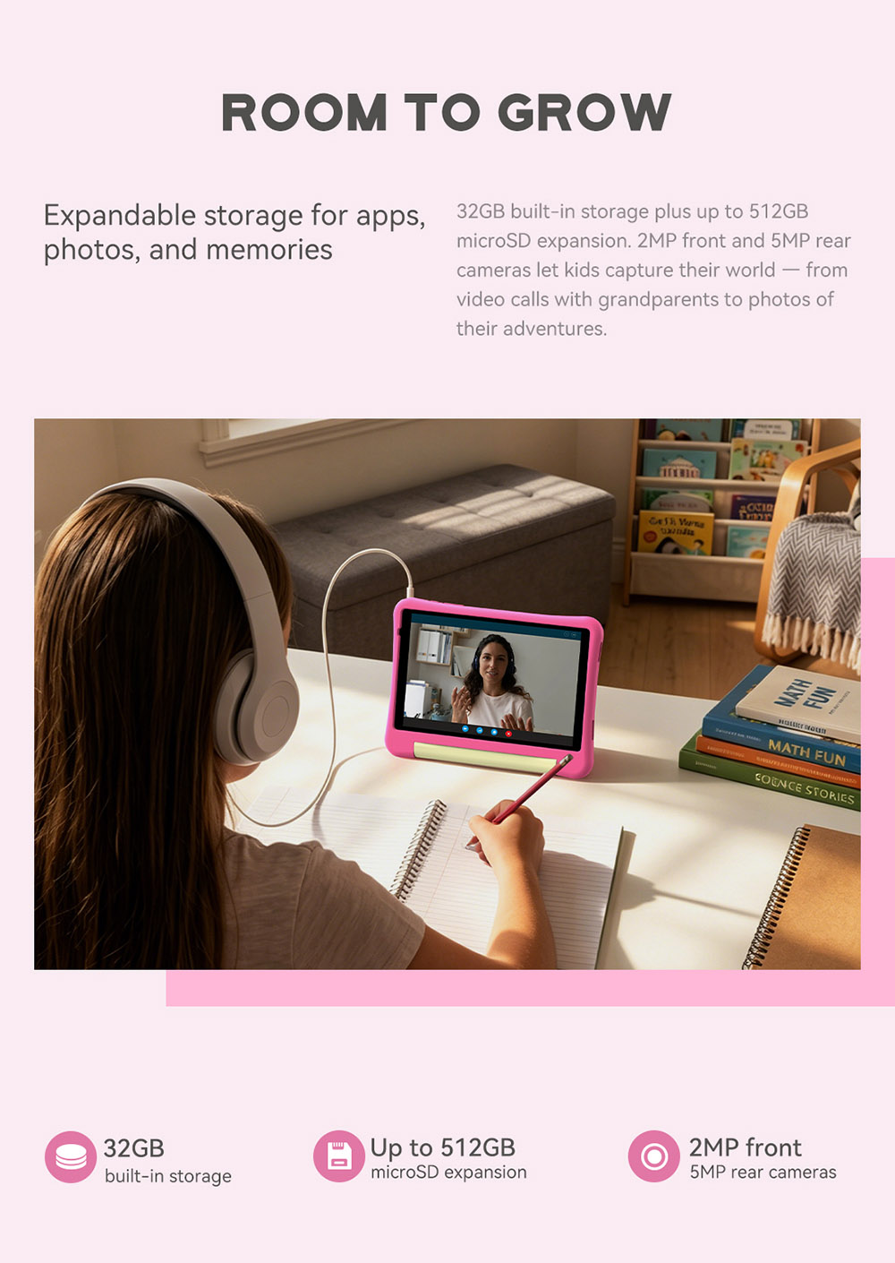 Tablette pour enfants ALLDOCUBE Kido, Android 15 Go, &eacute;cran HD IPS 8 pouces, 3 Go de RAM + 32 Go de ROM, application iWawa Kids, contr&ocirc;le parental, batterie 5000 mAh, double cam&eacute;ra, microSD jusqu'&agrave; 512 Go, Wi-Fi 5, Bluetooth 5.0