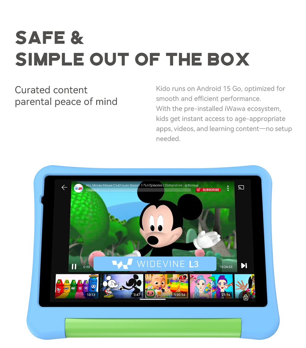 Tablette pour enfants ALLDOCUBE Kido, Android 15 Go, &eacute;cran HD IPS 8 pouces, 3 Go de RAM + 32 Go de ROM, application iWawa Kids, contr&ocirc;le parental, batterie 5000 mAh, double cam&eacute;ra, microSD jusqu'&agrave; 512 Go, Wi-Fi 5, Bluetooth 5.0