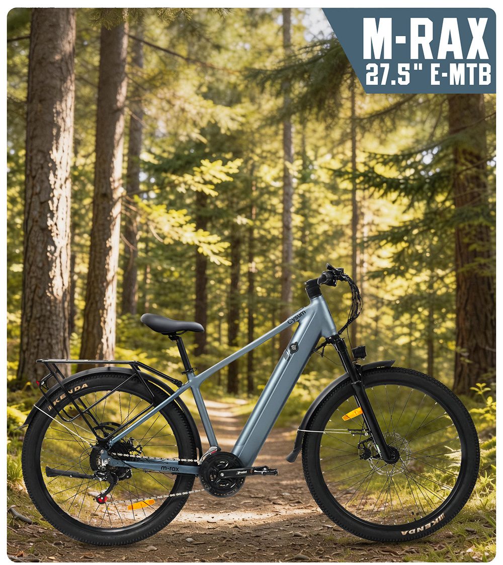 Elektrický bicykel Cysum M-RAX, motor s maximálnym výkonom 500 W, vyberateľná batéria 48 V 13 Ah, maximálna rýchlosť 25 km/h, dojazd 80 km, terénne pneumatiky 27,5