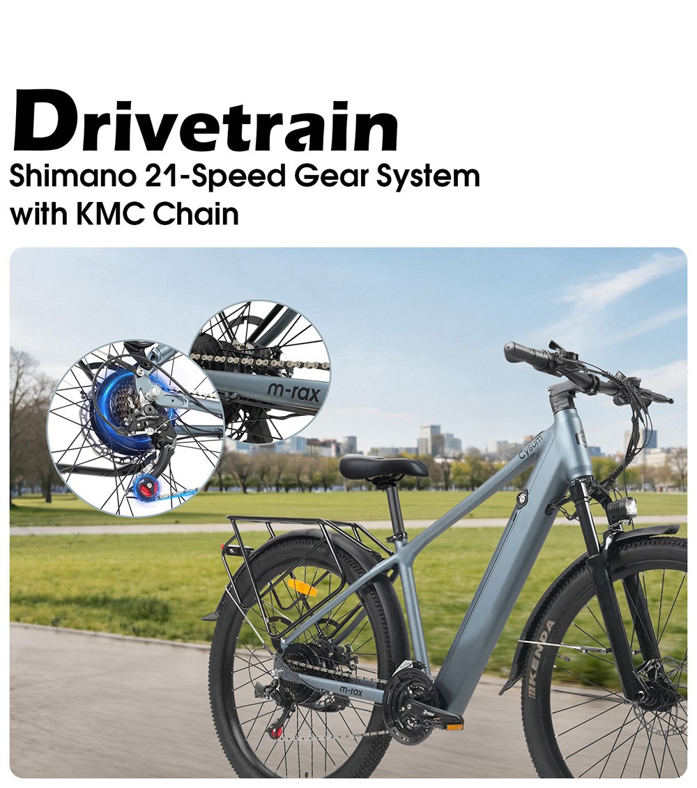 Elektrický bicykel Cysum M-RAX, motor s maximálnym výkonom 500 W, vyberateľná batéria 48 V 13 Ah, maximálna rýchlosť 25 km/h, dojazd 80 km, terénne pneumatiky 27,5