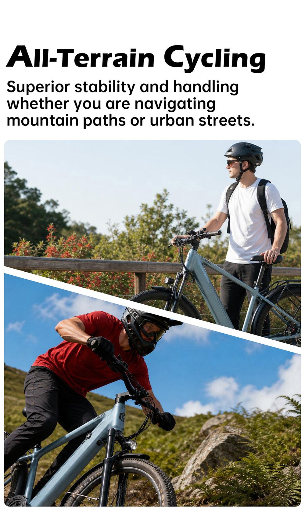 Elektrický bicykel Cysum M-RAX, motor s maximálnym výkonom 500 W, vyberateľná batéria 48 V 13 Ah, maximálna rýchlosť 25 km/h, dojazd 80 km, 27,5