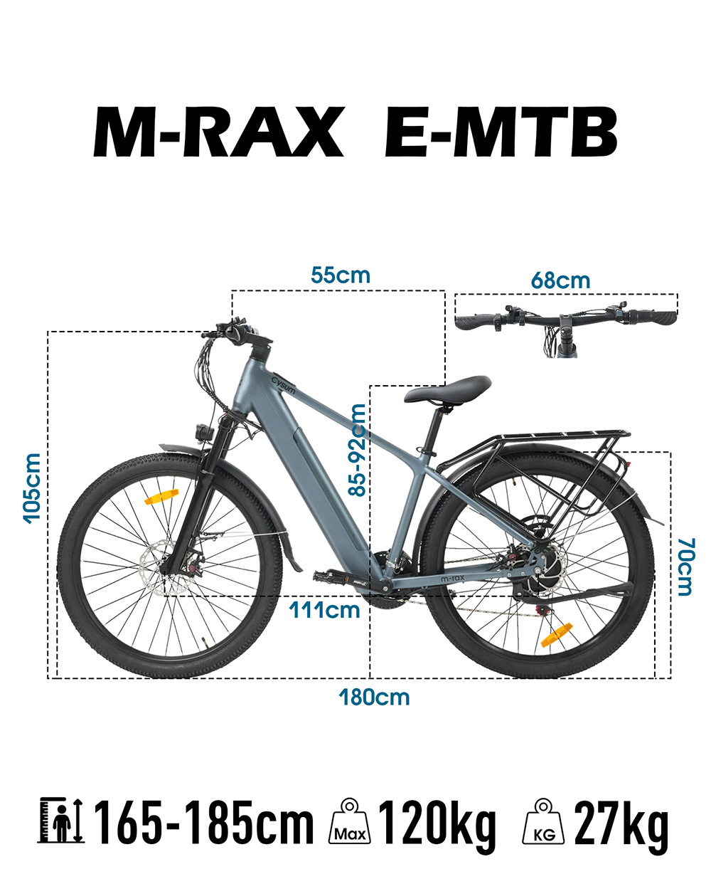 Elektrický bicykel Cysum M-RAX, motor s maximálnym výkonom 500 W, vyberateľná batéria 48 V 13 Ah, maximálna rýchlosť 25 km/h, dojazd 80 km, terénne pneumatiky 27,5