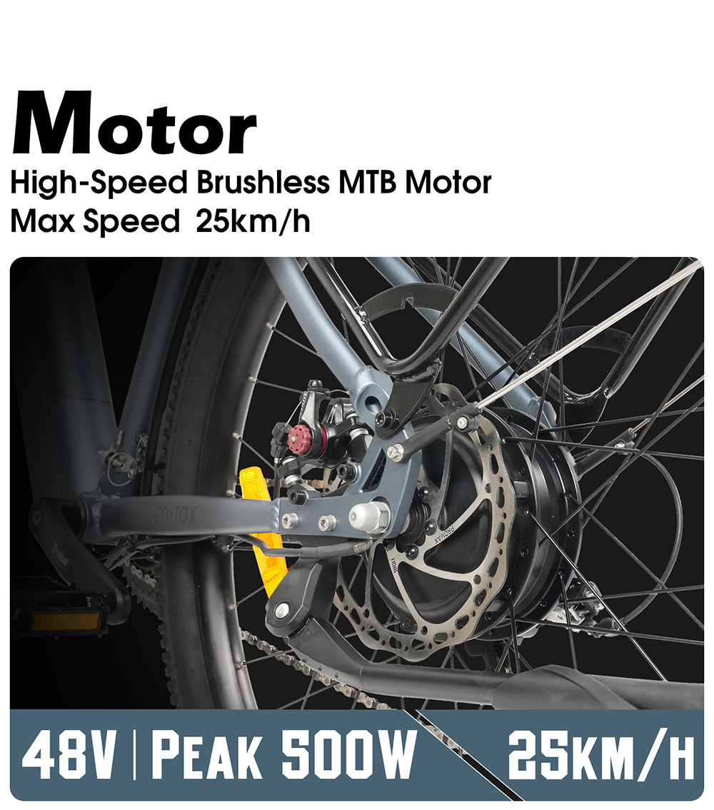 Elektrický bicykel Cysum M-RAX, motor s maximálnym výkonom 500 W, vyberateľná batéria 48 V 13 Ah, maximálna rýchlosť 25 km/h, dojazd 80 km, terénne pneumatiky 27,5