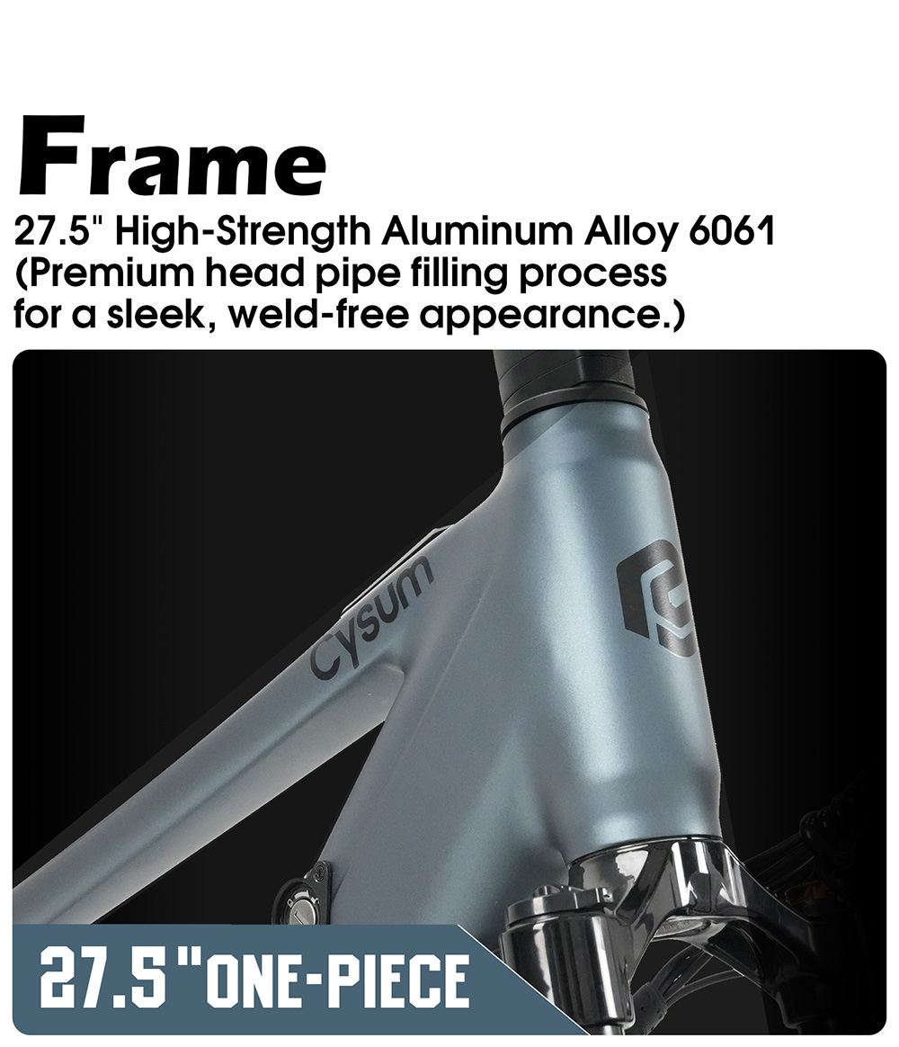 Elektrický bicykel Cysum M-RAX, motor s maximálnym výkonom 500 W, vyberateľná batéria 48 V 13 Ah, maximálna rýchlosť 25 km/h, dojazd 80 km, 27,5" terénne pneumatiky, 21 rýchlostí Shimano, predné odpruženie, dvojité kotúčové brzdy