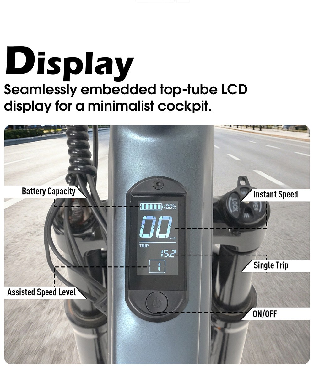 Elektrický bicykel Cysum M-RAX, motor s maximálnym výkonom 500 W, vyberateľná batéria 48 V 13 Ah, maximálna rýchlosť 25 km/h, dojazd 80 km, 27,5" terénne pneumatiky, 21 rýchlostí Shimano, predné odpruženie, dvojité kotúčové brzdy