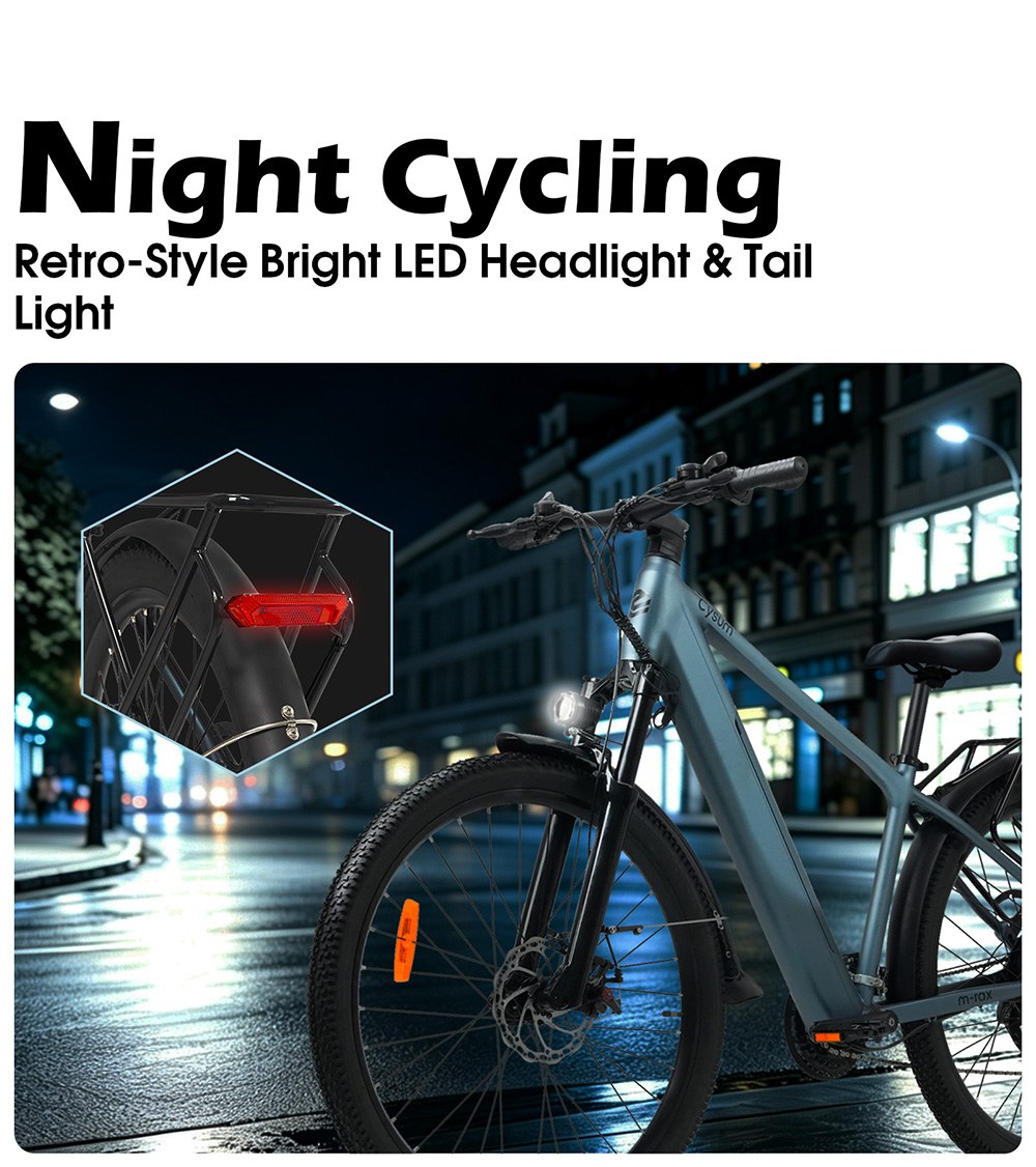 Elektrický bicykel Cysum M-RAX, motor s maximálnym výkonom 500 W, vyberateľná batéria 48 V 13 Ah, maximálna rýchlosť 25 km/h, dojazd 80 km, terénne pneumatiky 27,5