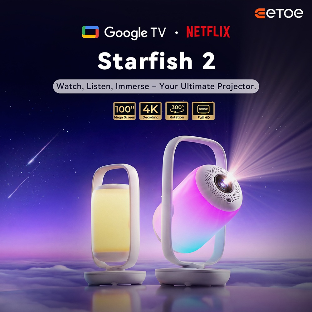 ETOE Starfish 2 projektor, nat&iacute;v 1080P Full HD, 4K dek&oacute;dol&aacute;s, 500 ANSI lumen, 3000:1 kontraszt, Google TV Netflixszel, autof&oacute;kusz &eacute;s automatikus trap&eacute;zkorrekci&oacute;, 0-300&deg;-ban &aacute;ll&iacute;that&oacute; dől&eacute;ssz&ouml;g, dupla 5 W-os hangsz&oacute;r&oacute;, z&aacute;rt optikai motor