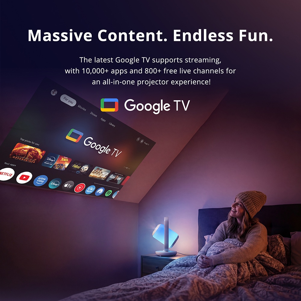 ETOE Starfish 2 projektor, nat&iacute;v 1080P Full HD, 4K dek&oacute;dol&aacute;s, 500 ANSI lumen, 3000:1 kontraszt, Google TV Netflixszel, autof&oacute;kusz &eacute;s automatikus trap&eacute;zkorrekci&oacute;, 0-300&deg;-ban &aacute;ll&iacute;that&oacute; dől&eacute;ssz&ouml;g, dupla 5 W-os hangsz&oacute;r&oacute;, z&aacute;rt optikai motor