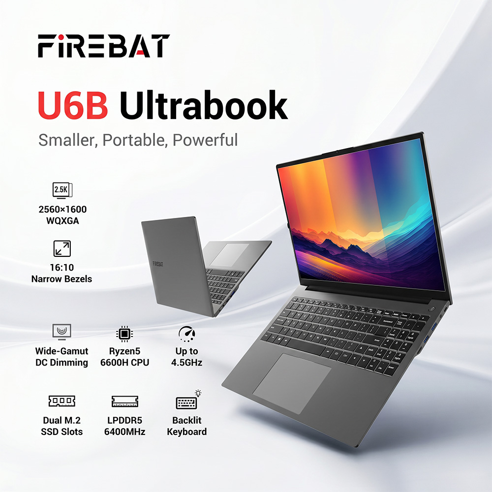 FIREBAT U6B Laptop, 16-Zoll-IPS-Display (2560 x 1600 Pixel, 120 Hz), AMD Ryzen 5 6600H Prozessor (6 Kerne, max. 4,5 GHz), 16 GB LPDDR5-RAM, 512 GB SSD, WLAN 6, Bluetooth 5.2, Dual-L&uuml;fter-K&uuml;hlsystem, 58-Wh-Akku, 2 x USB-C (PD + DP), 1 x HDMI 2.1