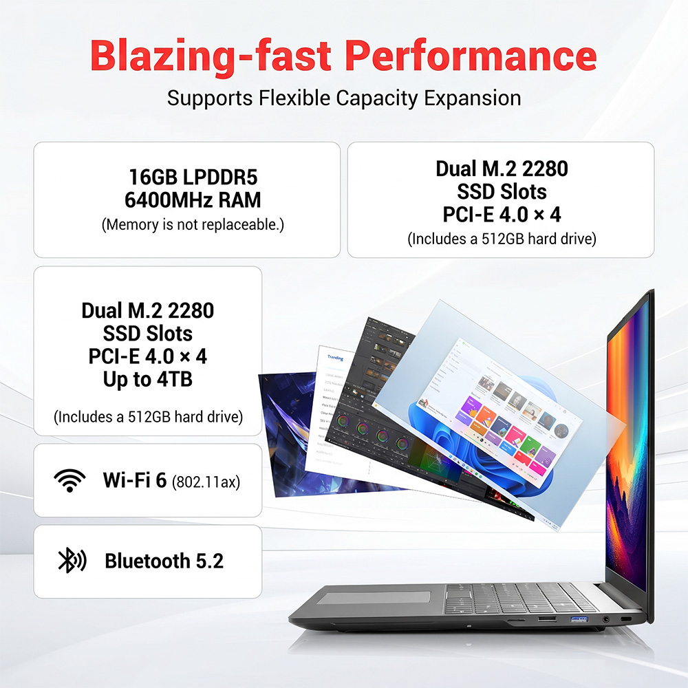 FIREBAT U6B Laptop, 16-Zoll-IPS-Display (2560 x 1600 Pixel, 120 Hz), AMD Ryzen 5 6600H Prozessor (6 Kerne, max. 4,5 GHz), 16 GB LPDDR5-RAM, 512 GB SSD, WLAN 6, Bluetooth 5.2, Dual-L&uuml;fter-K&uuml;hlsystem, 58-Wh-Akku, 2 x USB-C (PD + DP), 1 x HDMI 2.1
