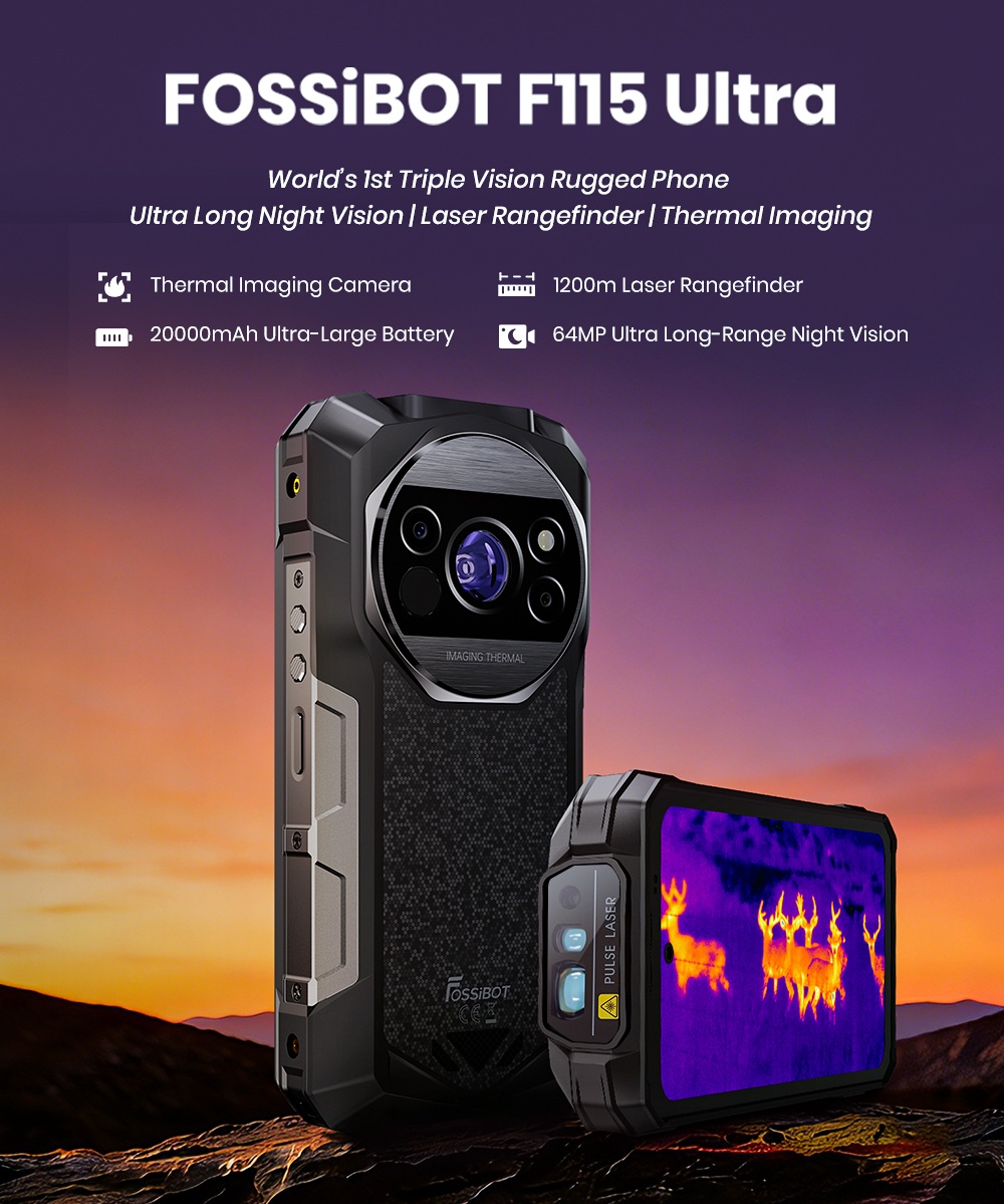 FOSSiBOT F115 Ultra Rugged Smartphone, Dimensity 7100 5G, 36GB RAM + 256GB ROM, 20000mAh Battery, 1200m Laser Rangefinder, Thermal Imaging, 64MP Night Vision, 50MP Sony IMX766, 6.78" 120Hz Display, IP68/IP69K