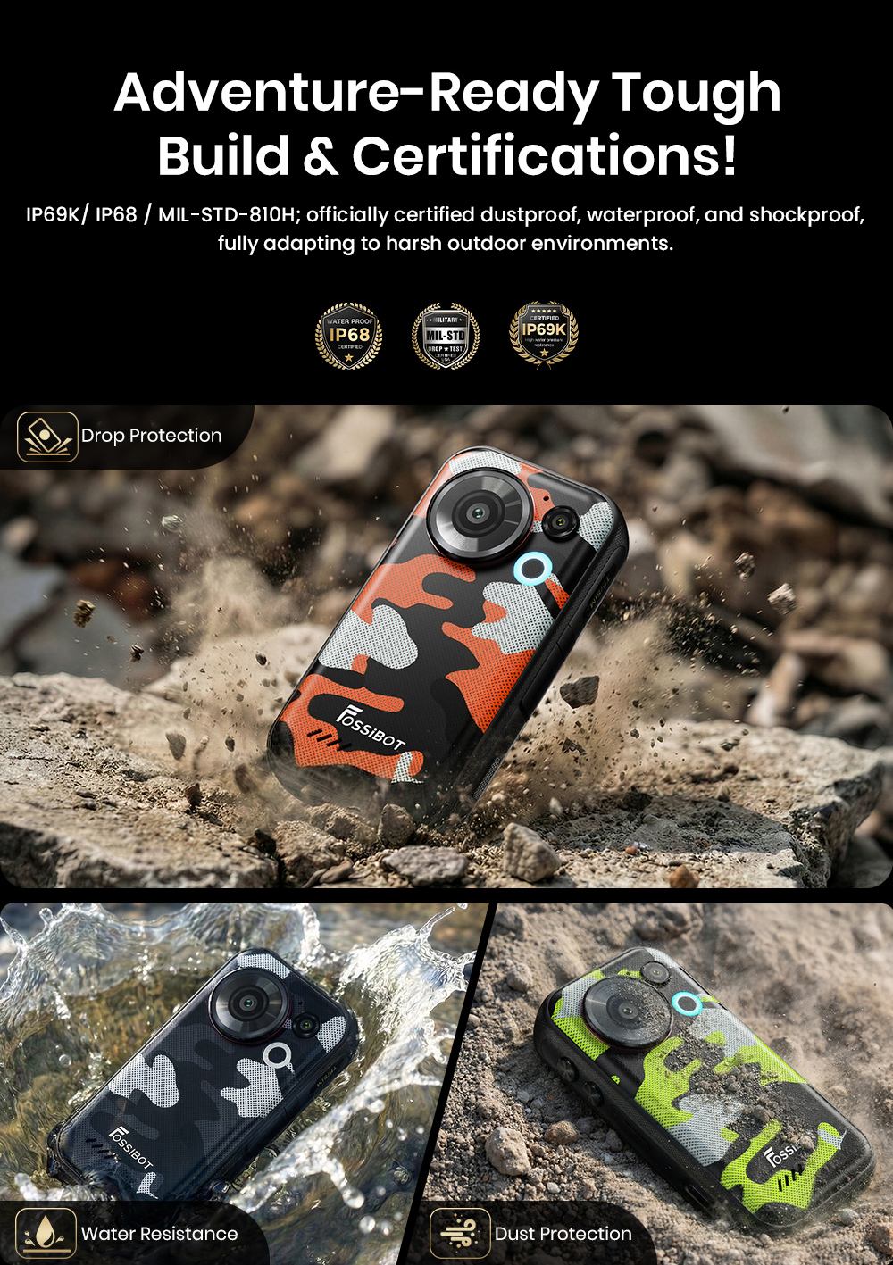 Smartphone robuste FOSSiBOT F116 Pro, 12 Go de RAM + 256 Go de ROM, processeur Dimensity 7300 5G, cam&eacute;ra d'action OIS 48 MP, cam&eacute;ra principale 50 MP, &eacute;cran 4 pouces 120 Hz, batterie 3700 mAh, pas de vis 1/4