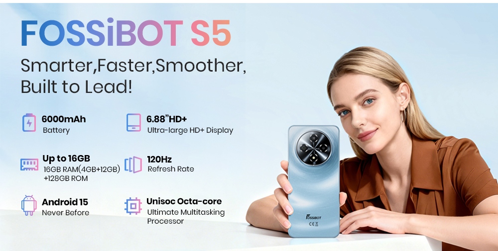 FOSSiBOT S5 okostelefon, Unisoc T615 nyolcmagos processzor, 4 GB RAM + 128 GB ROM, 6000 mAh akkumul&aacute;tor, 6,88