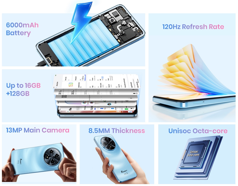 FOSSiBOT S5 okostelefon, Unisoc T615 nyolcmagos processzor, 4 GB RAM + 128 GB ROM, 6000 mAh akkumul&aacute;tor, 6,88