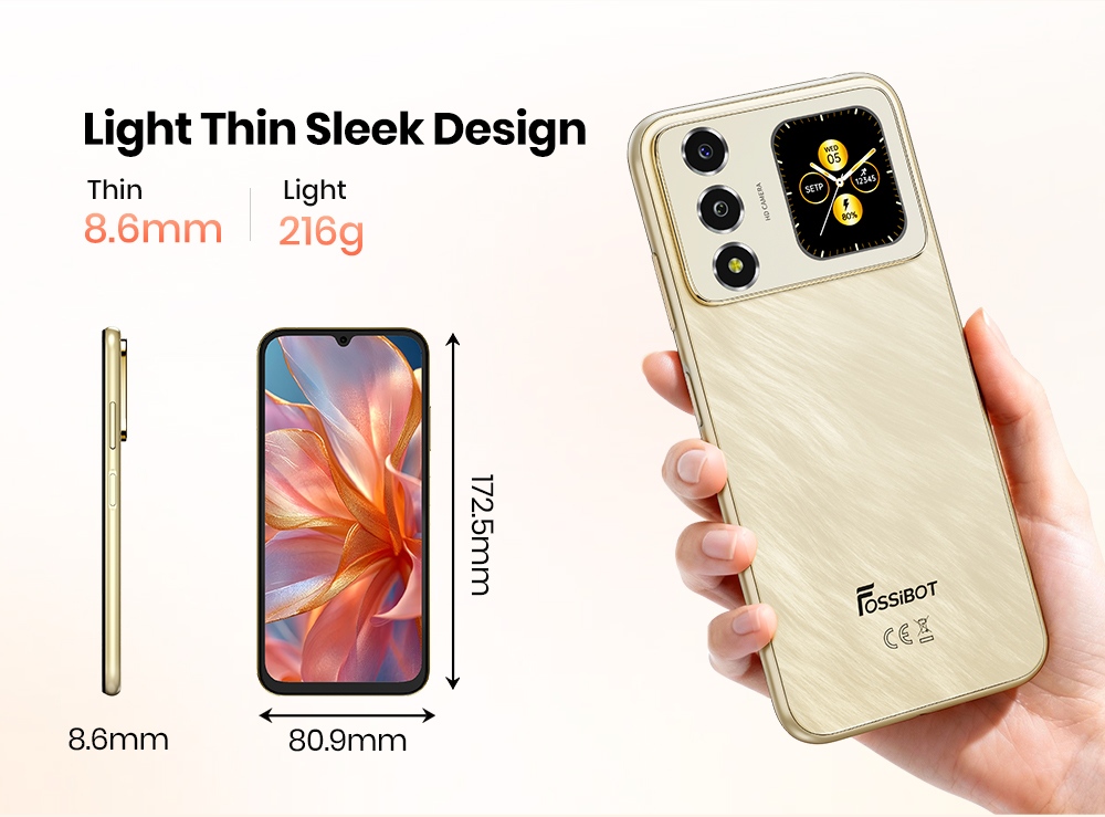 FOSSiBOT S7 okostelefon, 6,9 hüvelykes 120Hz-es HD+ kijelző, 1,85 hüvelykes egyedi hátsó kijelző, Unisoc T615 nyolcmagos processzor, 4GB RAM + 128GB ROM, 5000mAh akkumulátor, 16MP kamera, kettős 4G SIM, két ujjnyomós WiFi, arcfelismerés WiFi