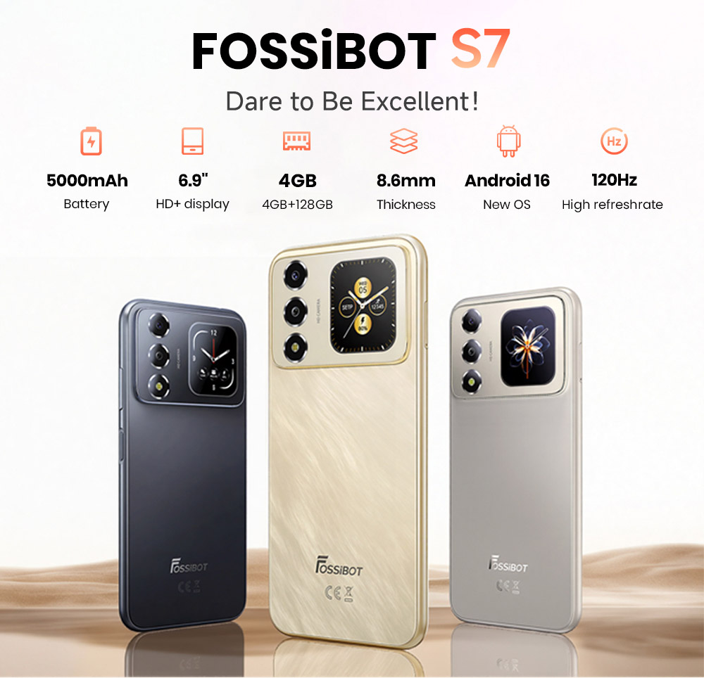 FOSSiBOT S7 Smartphone, 6.9-inch 120Hz HD+ Display, 1.85-inch Custom Rear Screen, Unisoc T615 Octa-Core, 4GB RAM + 128GB ROM, 5000mAh Battery, 16MP Camera, Dual 4G SIM, Dual-Band WiFi, Face & Fingerprint Unlock