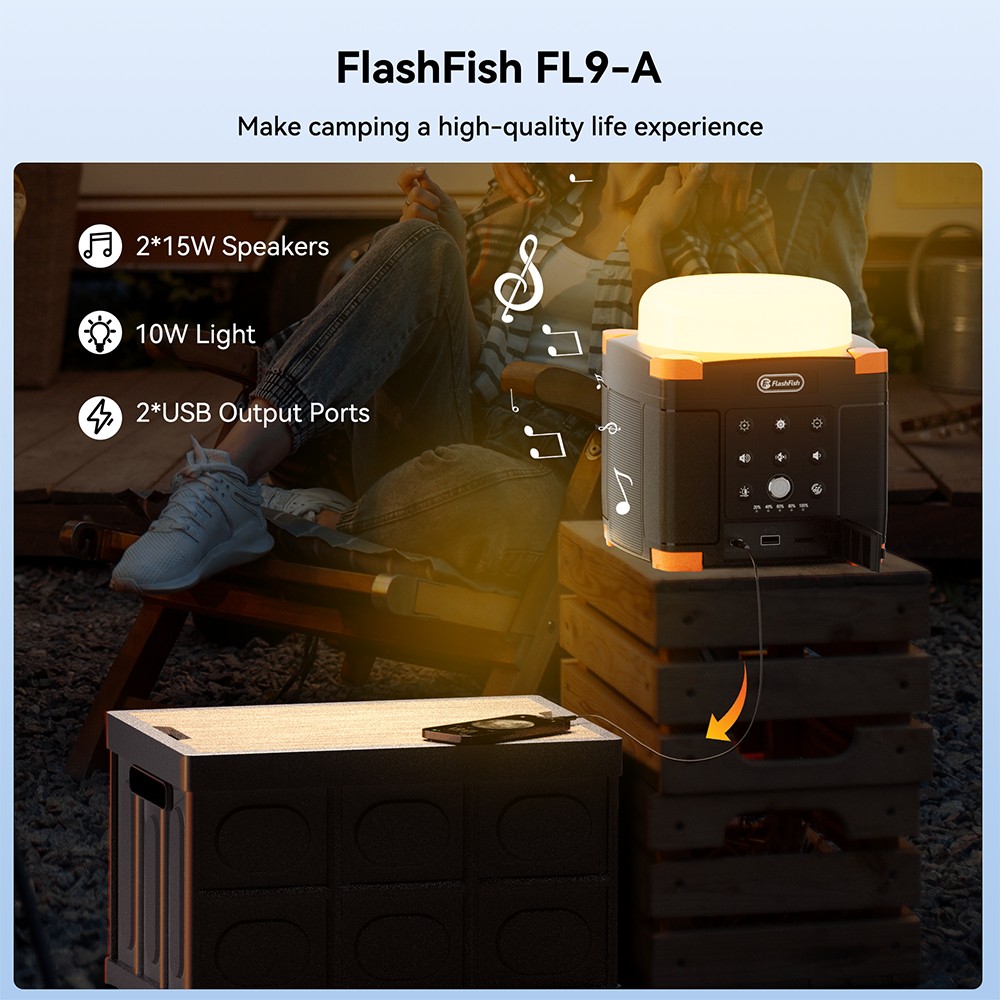 FlashFish FL9-A Multifunkci&oacute;s Erőmű, 56Wh / 15600mAh L&iacute;tium Akkumul&aacute;tor, 45W USB-C PD Gyors T&ouml;lt&eacute;s, Dupla 15W-os Bluetooth 5.0 Hangsz&oacute;r&oacute;, 700LM 3 &Uuml;zemm&oacute;d&uacute; Kemping L&aacute;mpa, TWS Sztere&oacute; Hangz&aacute;s, SOS V&eacute;szvil&aacute;g&iacute;t&aacute;s