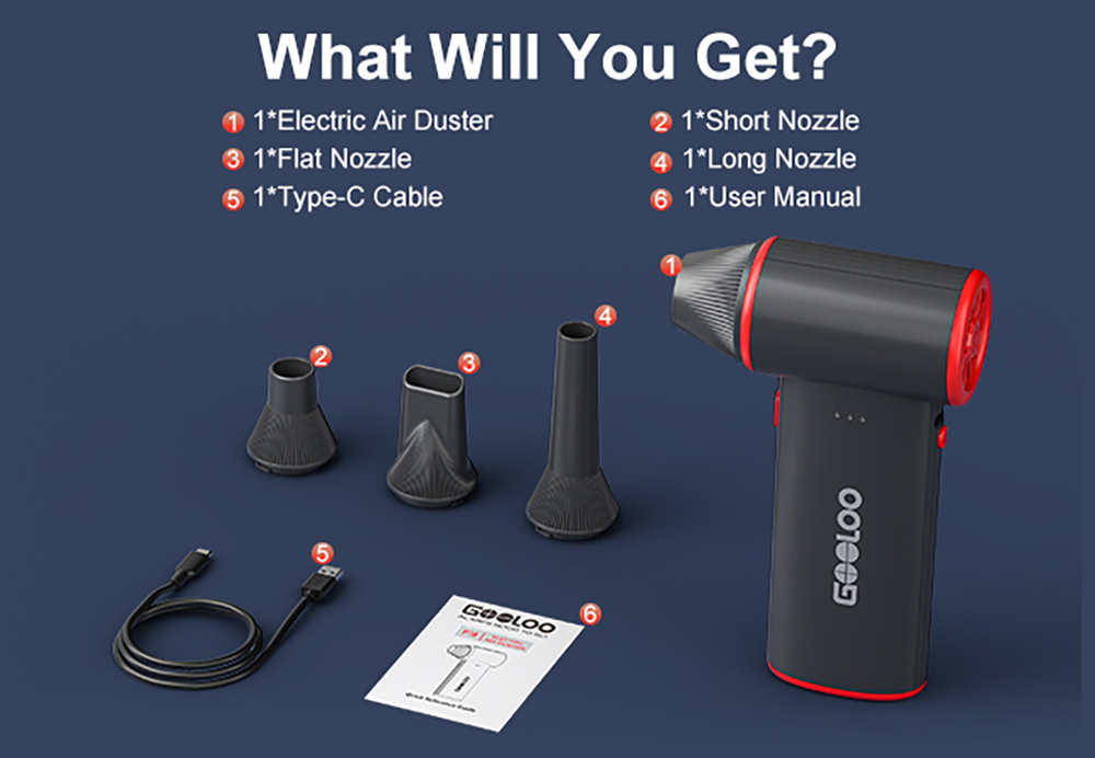 GOOLOO F3 Elektrischer Druckluftreiniger, 150.000 U/min Turbo-Luftstrom, 5000-mAh-Akku, 3 Geschwindigkeitsstufen, bis zu 4 Stunden Laufzeit, Schnellladefunktion (USB-C), f&uuml;r Auto, Haushalt und Elektronikreinigung &ndash; Schwarz