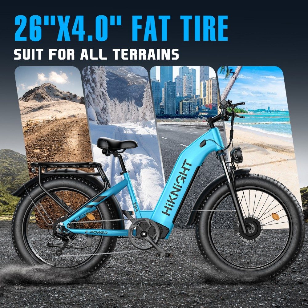 HIKNIGHT H2 PRO Electric Bike, 3000W Peak Dual Motors, 61km/h Max Speed, 145km Range, 52V 20Ah Removable Battery, 35° Climbing Ability, 26"×4.0" Fat Tires, Dual Hydraulic Disc Brakes, Full Suspension, Shimano 7-Speed, 150kg Load Capacity - Blue