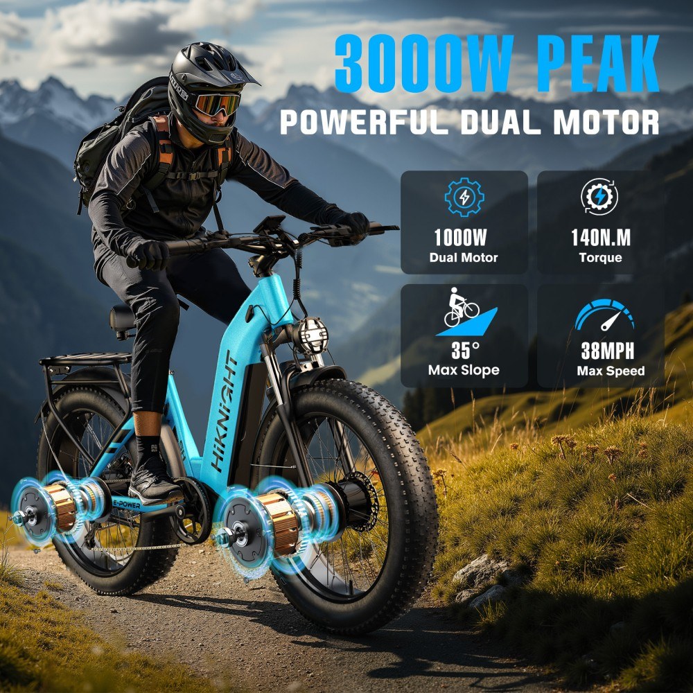 HIKNIGHT H2 PRO Electric Bike, 3000W Peak Dual Motors, 61km/h Max Speed, 145km Range, 52V 20Ah Removable Battery, 35° Climbing Ability, 26"×4.0" Fat Tires, Dual Hydraulic Disc Brakes, Full Suspension, Shimano 7-Speed, 150kg Load Capacity - Blue