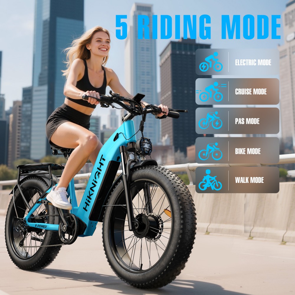 HIKNIGHT H2 PRO Electric Bike, 3000W Peak Dual Motors, 61km/h Max Speed, 145km Range, 52V 20Ah Removable Battery, 35° Climbing Ability, 26"×4.0" Fat Tires, Dual Hydraulic Disc Brakes, Full Suspension, Shimano 7-Speed, 150kg Load Capacity - Blue