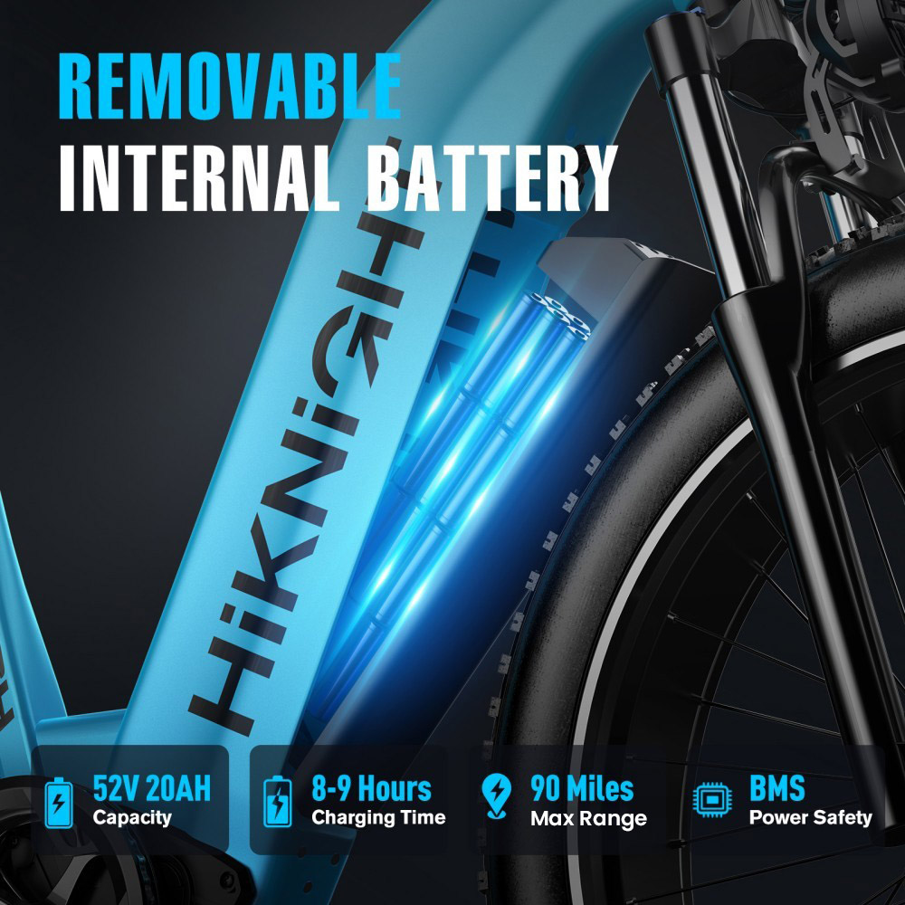 HIKNIGHT H2 PRO Electric Bike, 3000W Peak Dual Motors, 61km/h Max Speed, 145km Range, 52V 20Ah Removable Battery, 35° Climbing Ability, 26"×4.0" Fat Tires, Dual Hydraulic Disc Brakes, Full Suspension, Shimano 7-Speed, 150kg Load Capacity - Blue