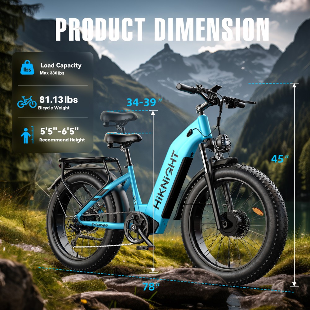 HIKNIGHT H2 PRO Electric Bike, 3000W Peak Dual Motors, 61km/h Max Speed, 145km Range, 52V 20Ah Removable Battery, 35° Climbing Ability, 26"×4.0" Fat Tires, Dual Hydraulic Disc Brakes, Full Suspension, Shimano 7-Speed, 150kg Load Capacity - Blue