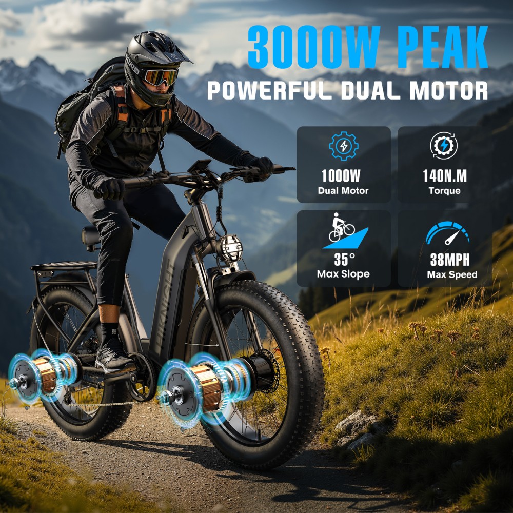 V&eacute;lo &eacute;lectrique HIKNIGHT H2 PRO, double moteur de 3000 W (puissance maximale), vitesse maximale de 61 km/h, autonomie de 145 km, batterie amovible 52 V 20 Ah, capacit&eacute; de franchissement de pentes jusqu'&agrave; 35&deg;, pneus larges 26