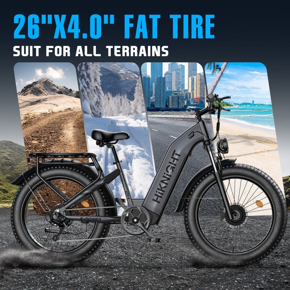 V&eacute;lo &eacute;lectrique HIKNIGHT H2 PRO, double moteur de 3000 W (puissance maximale), vitesse maximale de 61 km/h, autonomie de 145 km, batterie amovible 52 V 20 Ah, capacit&eacute; de franchissement de pentes jusqu'&agrave; 35&deg;, pneus larges 26