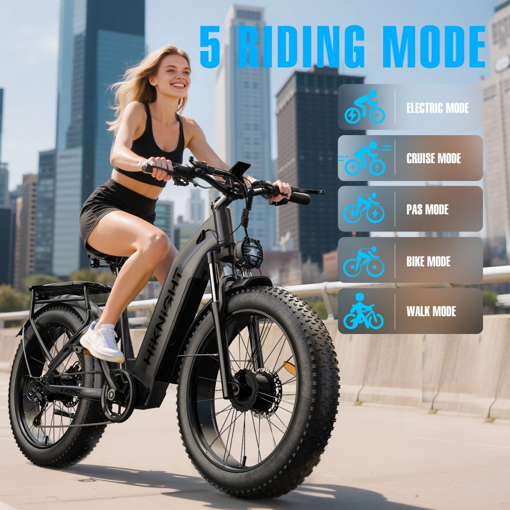 V&eacute;lo &eacute;lectrique HIKNIGHT H2 PRO, double moteur de 3000 W (puissance maximale), vitesse maximale de 61 km/h, autonomie de 145 km, batterie amovible 52 V 20 Ah, capacit&eacute; de franchissement de pentes jusqu'&agrave; 35&deg;, pneus larges 26