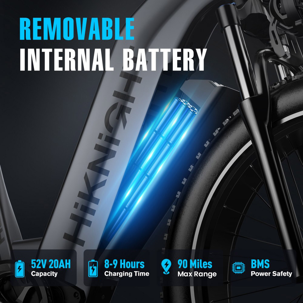 V&eacute;lo &eacute;lectrique HIKNIGHT H2 PRO, double moteur de 3000 W (puissance maximale), vitesse maximale de 61 km/h, autonomie de 145 km, batterie amovible 52 V 20 Ah, capacit&eacute; de franchissement de pentes jusqu'&agrave; 35&deg;, pneus larges 26