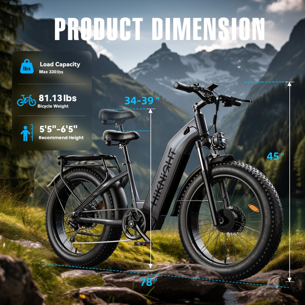 V&eacute;lo &eacute;lectrique HIKNIGHT H2 PRO, double moteur de 3000 W (puissance maximale), vitesse maximale de 61 km/h, autonomie de 145 km, batterie amovible 52 V 20 Ah, capacit&eacute; de franchissement de pentes jusqu'&agrave; 35&deg;, pneus larges 26