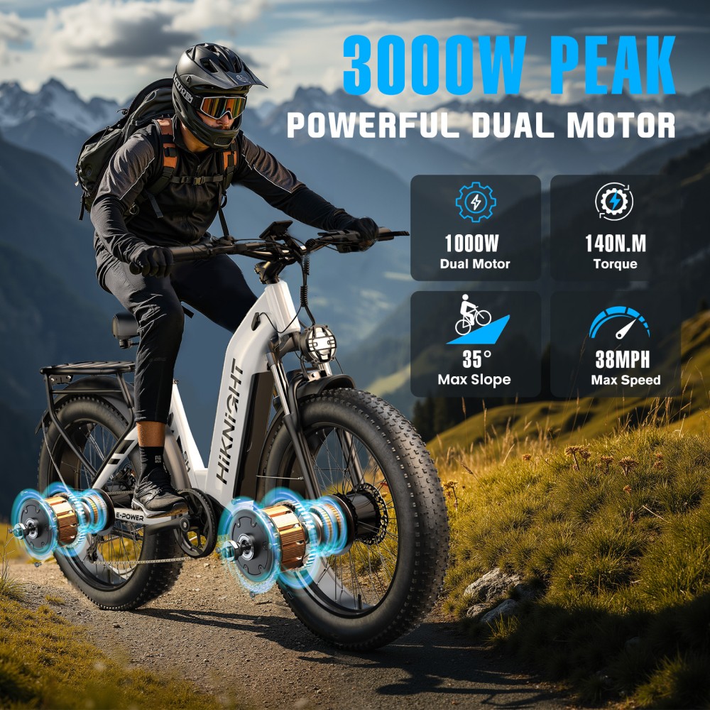 V&eacute;lo &eacute;lectrique HIKNIGHT H2 PRO, double moteur de 3000 W (puissance maximale), vitesse maximale de 61 km/h, autonomie de 145 km, batterie amovible 52 V 20 Ah, capacit&eacute; de franchissement de pentes jusqu'&agrave; 35&deg;, pneus larges 26