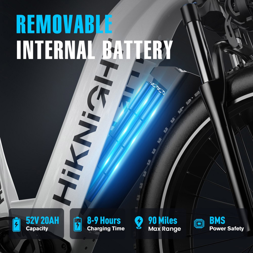 V&eacute;lo &eacute;lectrique HIKNIGHT H2 PRO, double moteur de 3000 W (puissance maximale), vitesse maximale de 61 km/h, autonomie de 145 km, batterie amovible 52 V 20 Ah, capacit&eacute; de franchissement de pentes jusqu'&agrave; 35&deg;, pneus larges 26
