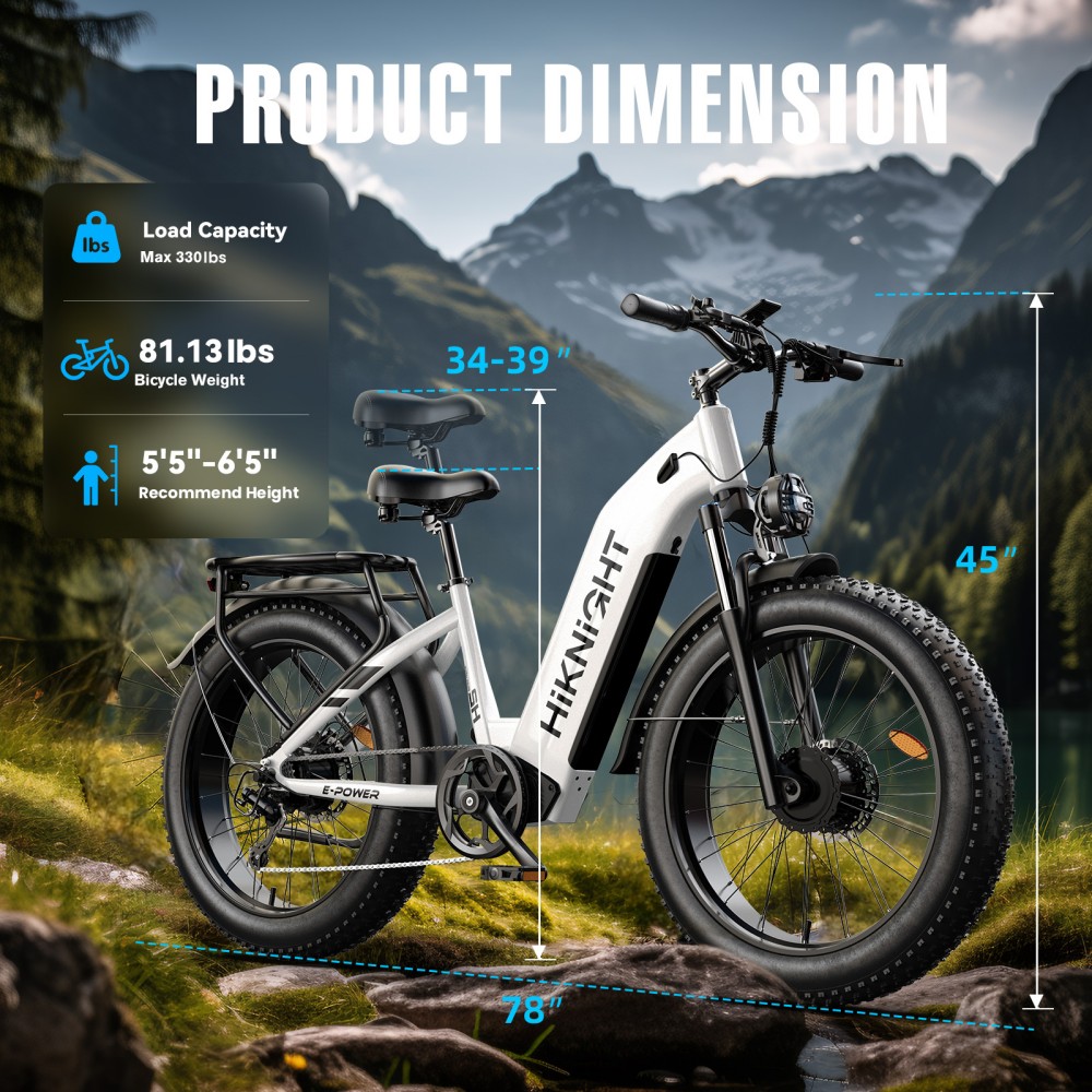 V&eacute;lo &eacute;lectrique HIKNIGHT H2 PRO, double moteur de 3000 W (puissance maximale), vitesse maximale de 61 km/h, autonomie de 145 km, batterie amovible 52 V 20 Ah, capacit&eacute; de franchissement de pentes jusqu'&agrave; 35&deg;, pneus larges 26