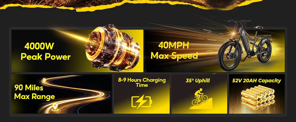 V&eacute;lo &eacute;lectrique HIKNIGHT H6 PRO, double moteur de 4000 W (puissance maximale), batterie amovible 52 V 20 Ah, autonomie de 145 km, vitesse maximale de 64 km/h, couple de 200 N&middot;m, fourche avant &agrave; double t&eacute;, suspension arri&egrave;re &agrave; air, transmission Shimano 7 vitesses, pneus tout-terrain larges - Gris