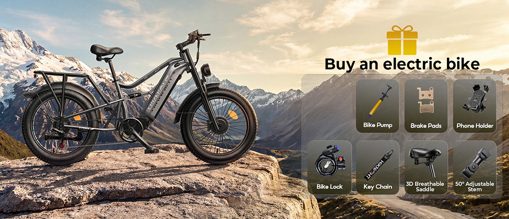 V&eacute;lo &eacute;lectrique HIKNIGHT H6 PRO, double moteur de 4000 W (puissance maximale), batterie amovible 52 V 20 Ah, autonomie de 145 km, vitesse maximale de 64 km/h, couple de 200 N&middot;m, fourche avant &agrave; double t&eacute;, suspension arri&egrave;re &agrave; air, transmission Shimano 7 vitesses, pneus tout-terrain larges - Gris