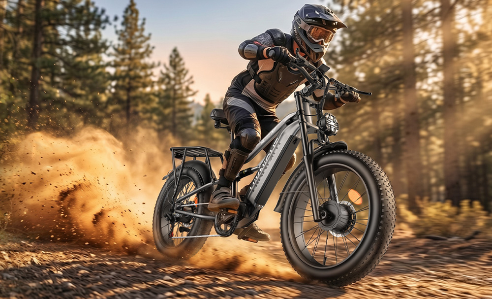 V&eacute;lo &eacute;lectrique HIKNIGHT H6 PRO, double moteur de 4000 W (puissance maximale), batterie amovible 52 V 20 Ah, autonomie de 145 km, vitesse maximale de 64 km/h, couple de 200 N&middot;m, fourche avant &agrave; double t&eacute;, suspension arri&egrave;re &agrave; air, transmission Shimano 7 vitesses, pneus tout-terrain larges - Gris