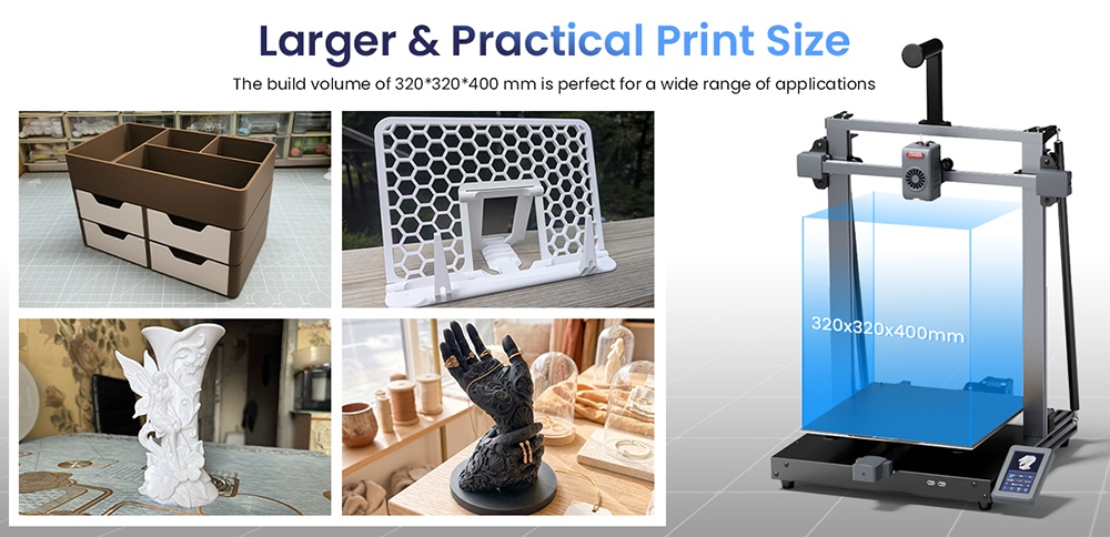 LONGER LK10 Plus 3D-Drucker, 500 mm/s Druckgeschwindigkeit, 0,1 mm Genauigkeit, 320 &times; 320 &times; 400 mm Bauraum, vollautomatische Nivellierung, 4,3-Zoll-Touchscreen, Dual-Z-Achse, 300 &deg;C Hotend, WLAN/LAN/USB-Anschluss, High-Flow-Direktantrieb