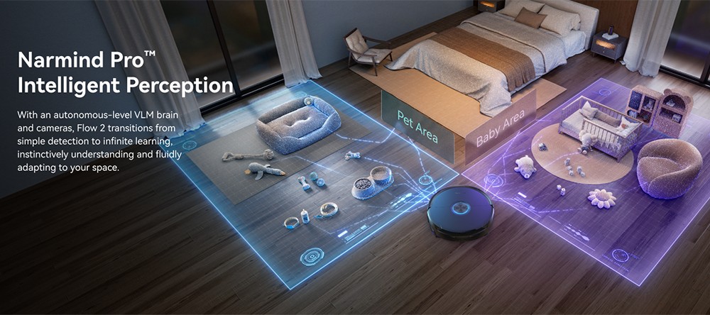 Narwal Flow 2 Robot Aspirateur et Laveur, aspiration 31 000 Pa, double vision IA 1080P, navigation LiDAR cach&eacute;e, autonettoyage 100 &deg;C, batterie 7000 mAh, syst&egrave;me anti-enchev&ecirc;trement, auto-vidage 2,4 L, station sans entretien 120 jours