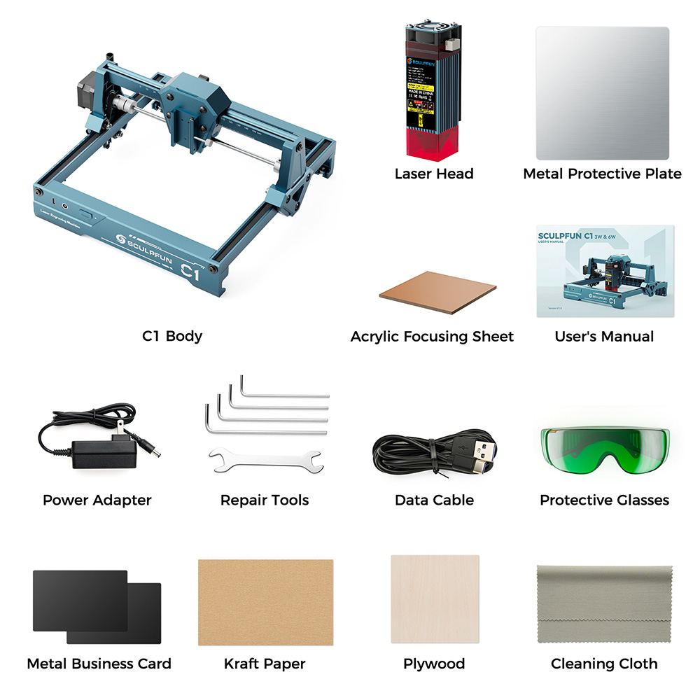 SCULPFUN C1 6W Mini-Lasergravierer, 0,06 mm Pr&auml;zisionslaserpunkt, 150 &times; 130 mm Arbeitsbereich, 10.000 mm/min Geschwindigkeit, Ein-Schritt-Installation, kompatibel mit LightBurn und LaserGRBL, unterst&uuml;tzt &uuml;ber 100 Materialien