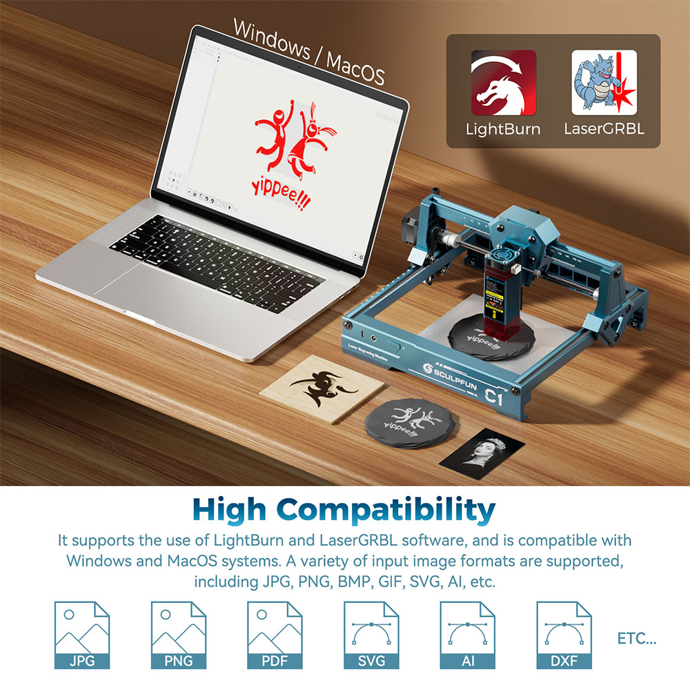 SCULPFUN C1 6W Mini-Lasergravierer, 0,06 mm Pr&auml;zisionslaserpunkt, 150 &times; 130 mm Arbeitsbereich, 10.000 mm/min Geschwindigkeit, Ein-Schritt-Installation, kompatibel mit LightBurn und LaserGRBL, unterst&uuml;tzt &uuml;ber 100 Materialien