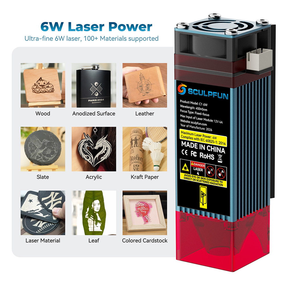 SCULPFUN C1 6W Mini-Lasergravierer, 0,06 mm Pr&auml;zisionslaserpunkt, 150 &times; 130 mm Arbeitsbereich, 10.000 mm/min Geschwindigkeit, Ein-Schritt-Installation, kompatibel mit LightBurn und LaserGRBL, unterst&uuml;tzt &uuml;ber 100 Materialien