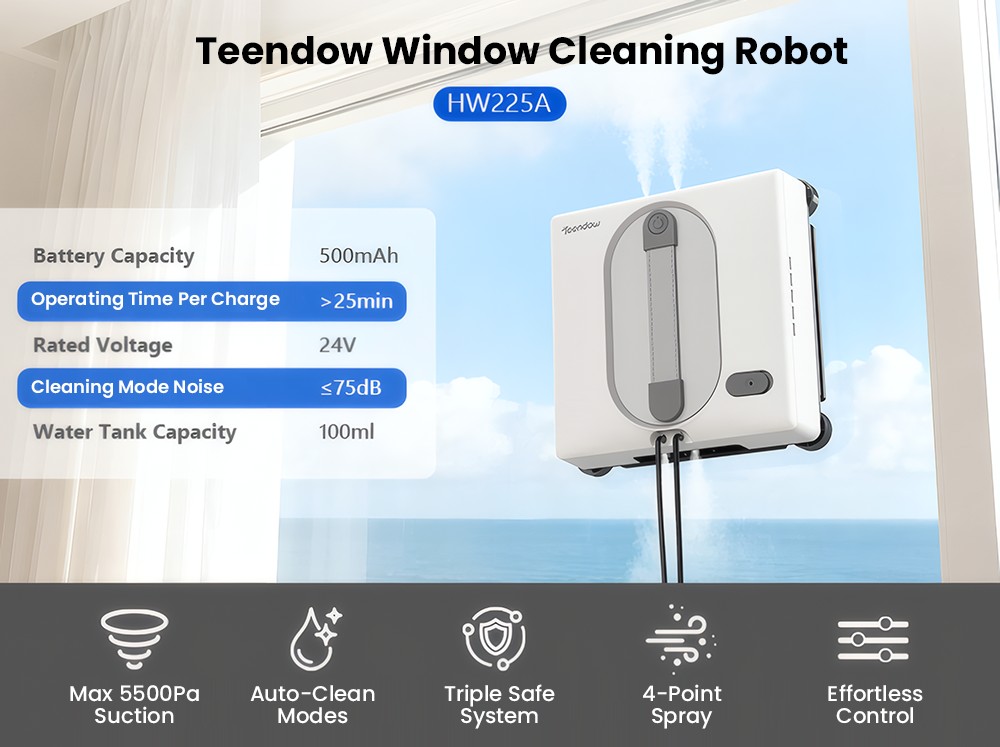 Teendow HW225A Fensterputzroboter, 5500 Pa starke Saugkraft, Duales Wasserspr&uuml;hsystem, 100 ml Wassertank, App- und Fernbedienungssteuerung, Sprachausgabe, 5 Reinigungsmodi f&uuml;r Fenster, Spiegel und Glast&uuml;ren